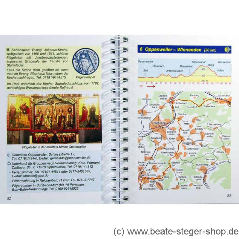 Blick ins Buch mit Wegbeschreibung zur Etappe 6 und Karte mit Höhenprofil.