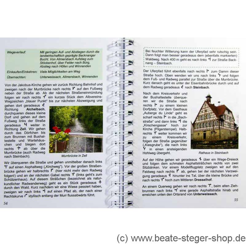 Blick ins Buch mit Wegbeschreibung und Infos zum Einkaufen und Übernachten.