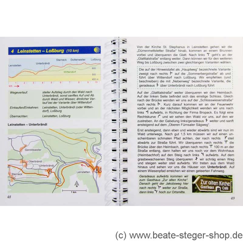 Blick ins Buch mit Wegbeschreibung zur Etappe 4 und Karte mit Höhenprofil.