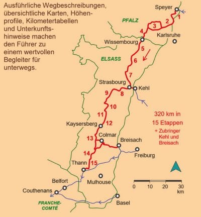 Kartenausschnitt der detaillierten Strecke Jakobsweg Elsass.