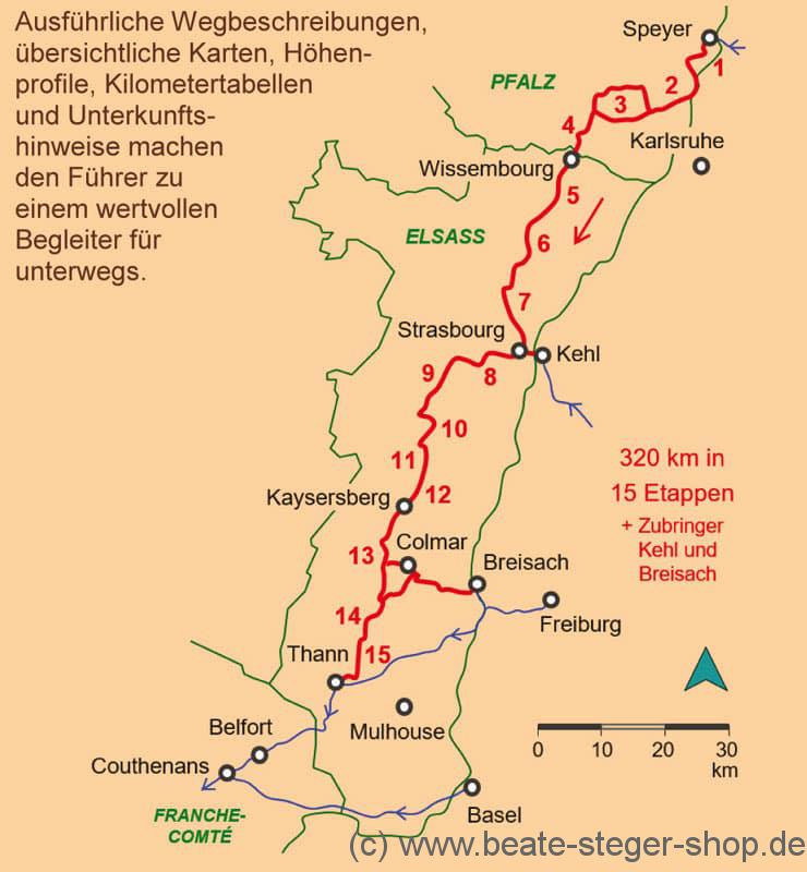 Kartenausschnitt der detaillierten Strecke Jakobsweg Elsass.