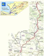 Kartenausschnitt der detaillierten Strecke Jakobsweg Erfurt-Rothenburg und Übersicht in Europa.