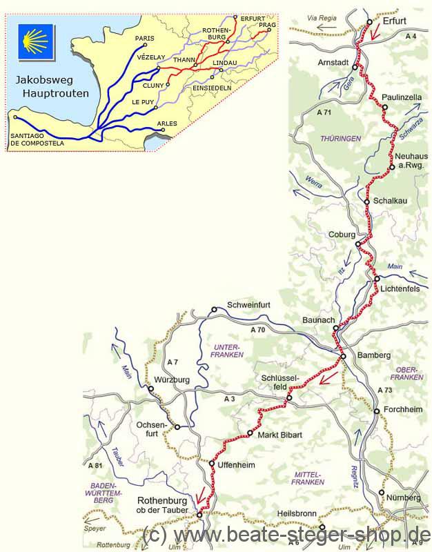 Kartenausschnitt der detaillierten Strecke Jakobsweg Erfurt-Rothenburg und Übersicht in Europa.
