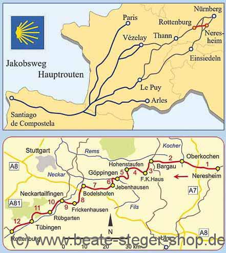 Karten des Jakobswegs von Neresheim nach Rottenburg.