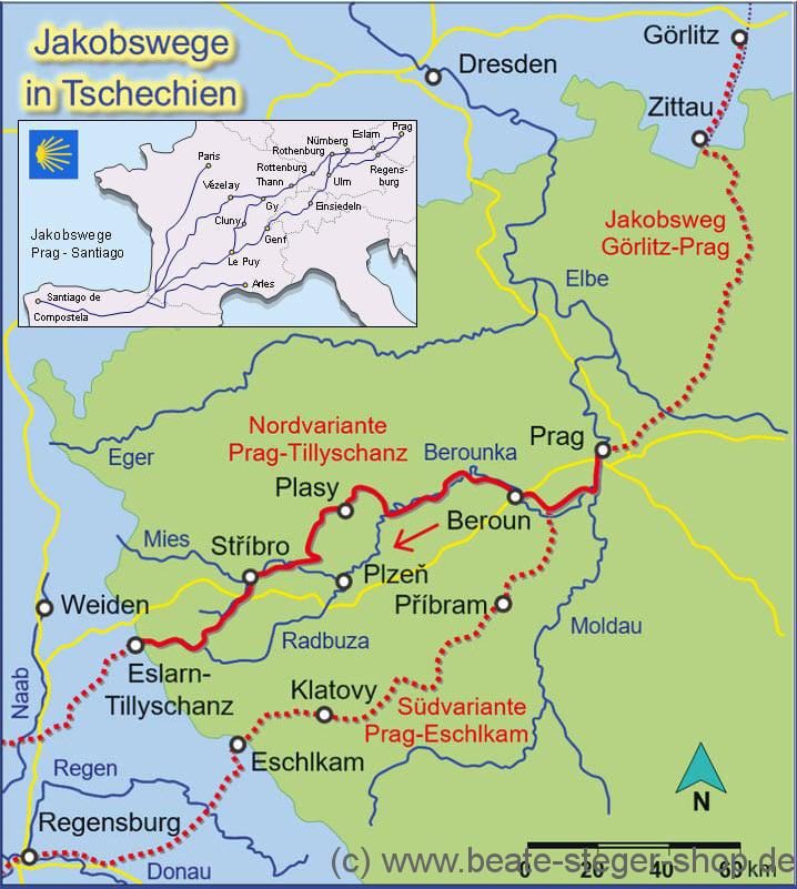 Kartenausschnitt der detaillierten Strecke Jakobsweg Prag - Tillyschanz / Eslarn.