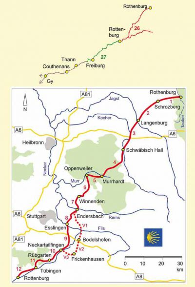 Kartenausschnitt der detaillierten Strecke Jakobsweg Rothenburg-Rottenburg und weiterführender Weg nach Thann und Gy.