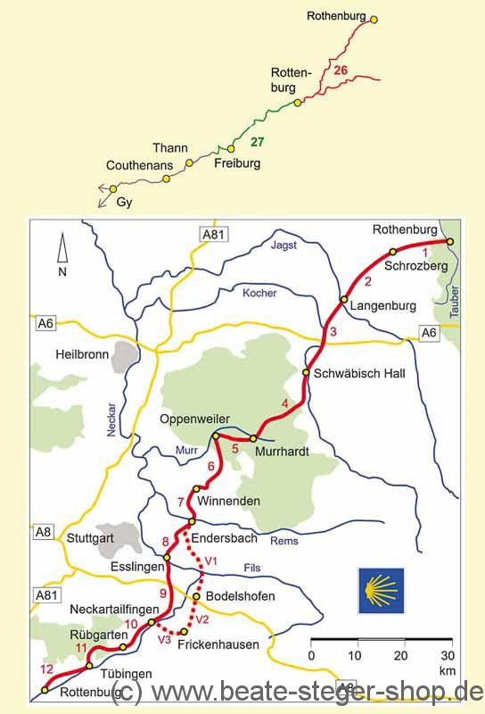 Kartenausschnitt der detaillierten Strecke Jakobsweg Rothenburg-Rottenburg und weiterführender Weg nach Thann und Gy.