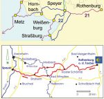 Kartenausschnitt der detaillierten Strecke Jakobsweg Rothenburg-Speyer und weiterführender Weg nach Hornbach und Metz.