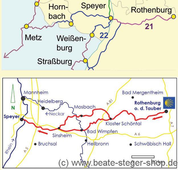 Kartenausschnitt der detaillierten Strecke Jakobsweg Rothenburg-Speyer und weiterführender Weg nach Hornbach und Metz.