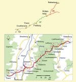 Kartenausschnitt der detaillierten Strecke Jakobsweg Rottenburg-Thann sowie vorheriger Weg.
