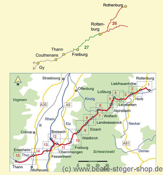 Kartenausschnitt der detaillierten Strecke Jakobsweg Rottenburg-Thann sowie vorheriger Weg.