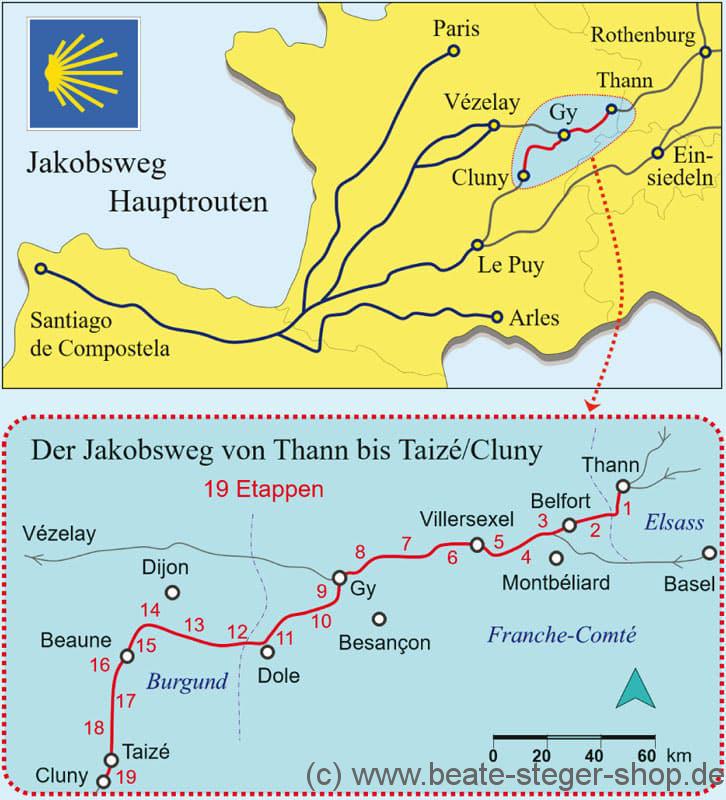 Europakarte und Karte gezoomt auf die Strecke.