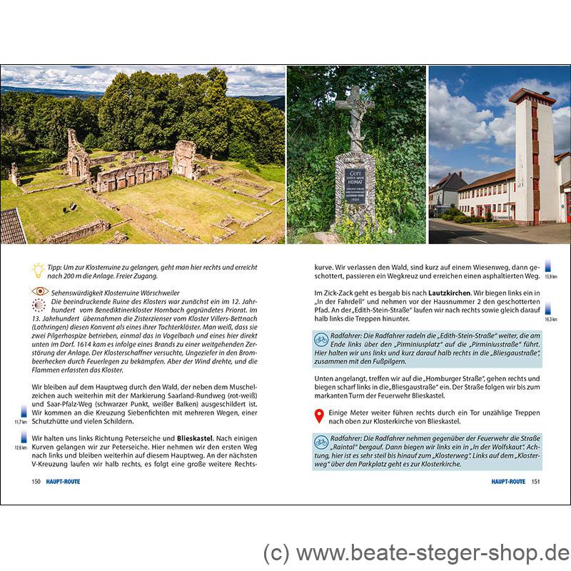 Beispielseiten des Pilgerführers Klosterroute mit Bildern und Radalternativen