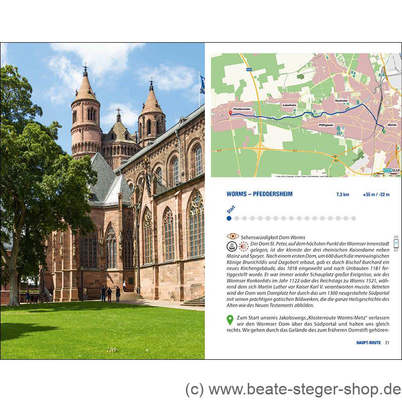 Beispielseiten des Pilgerführers Klosterroute mit Bildern und Radalternativen