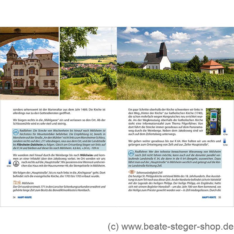 Beispielseiten des Pilgerführers Klosterroute mit Bildern und Radalternativen