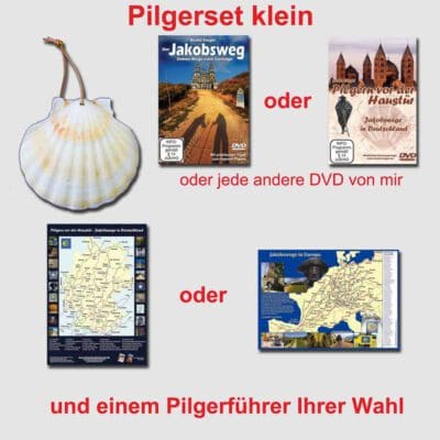 bestehend aus Jakobsmuschel, Flockmuschel, eine DVD, ein Pilgerführer.