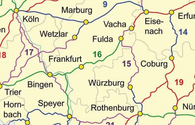 Karte und viele kleine Wegzeichen von Jakobswegen in Deutschland.