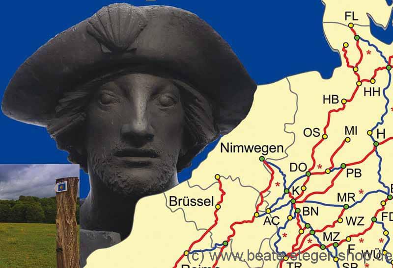 Karte und Bilder von Jakobswegen in Europa.