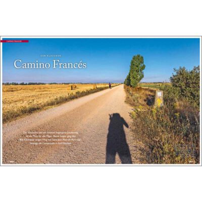 Pilger als Schatten auf einem Wegabschnitt des Camino Frances.
