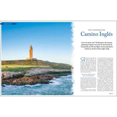 erste Doppelseite über den Camino Ingles mit großem Bild und Text.